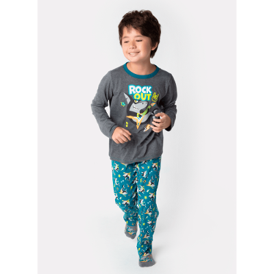 Pijama Manga Longa Menino Teen Algodão Tubarão Rockstar
