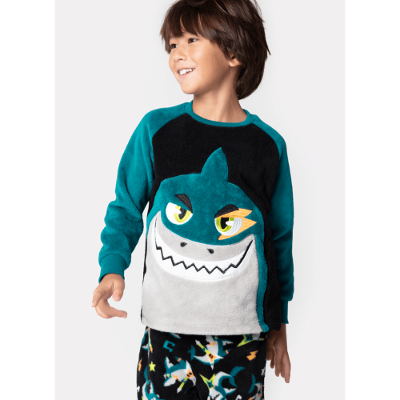 Pijama Manga Longa Menino Soft Tubarão Rockstar
