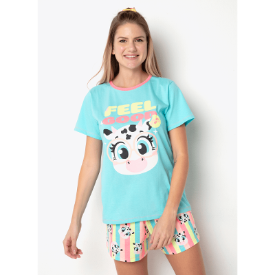 Pijama Manga Curta Algodão Feminino Vaca Colorful