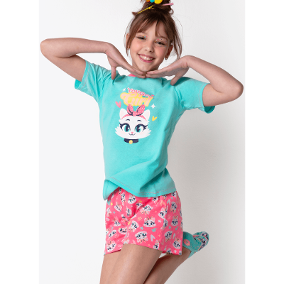 Pijama Manga Curta Menina Teen Algodão Gata Power