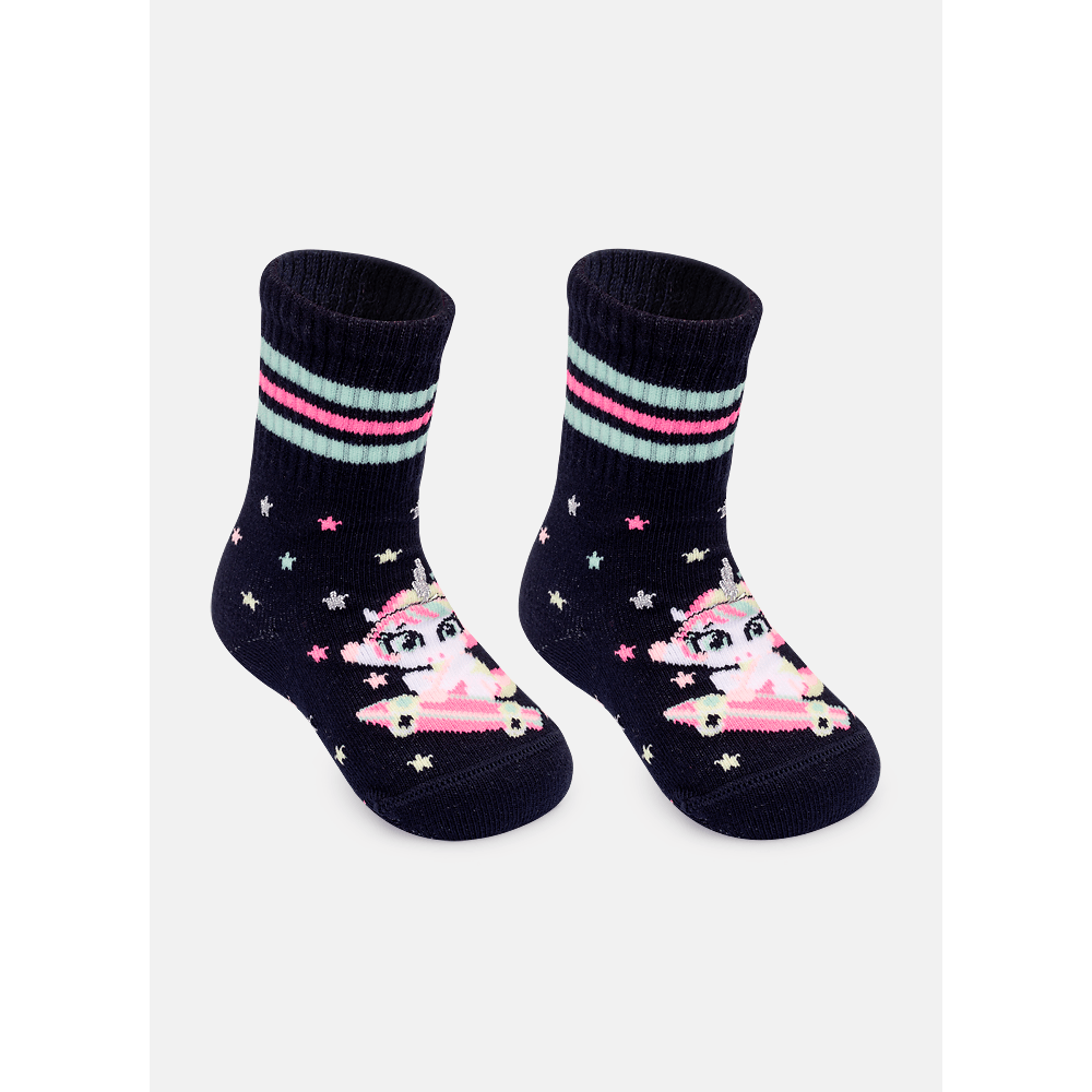 Meia Cano Médio Canelada Bebê Menina Unicórnio Skate - 2