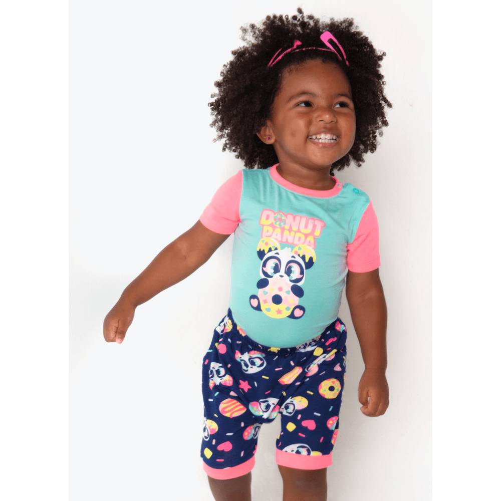 Pijama Manga Curta Viscolycra Bebê Menina Panda Donuts - 1