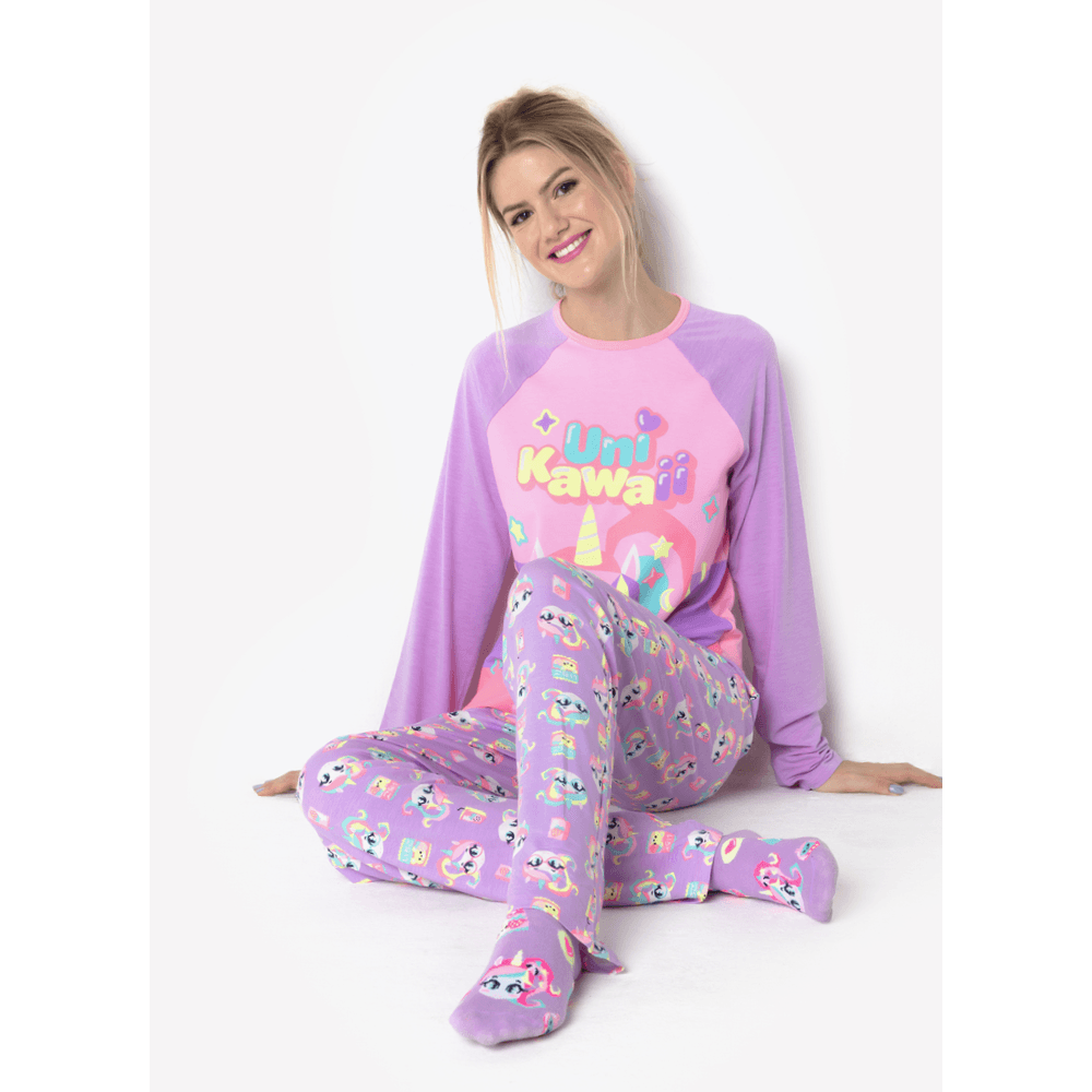 Pijama Manga Longa Viscolycra Feminino Unicórnio Kawaii - 2