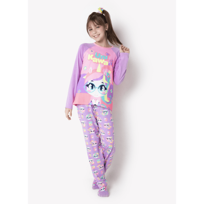 Pijama Manga Longa Lilás Viscolycra Feminino Unicórnio Kawaii