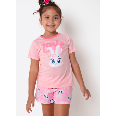 Pijama Manga Curta Algodão Menina Coelha Romântica