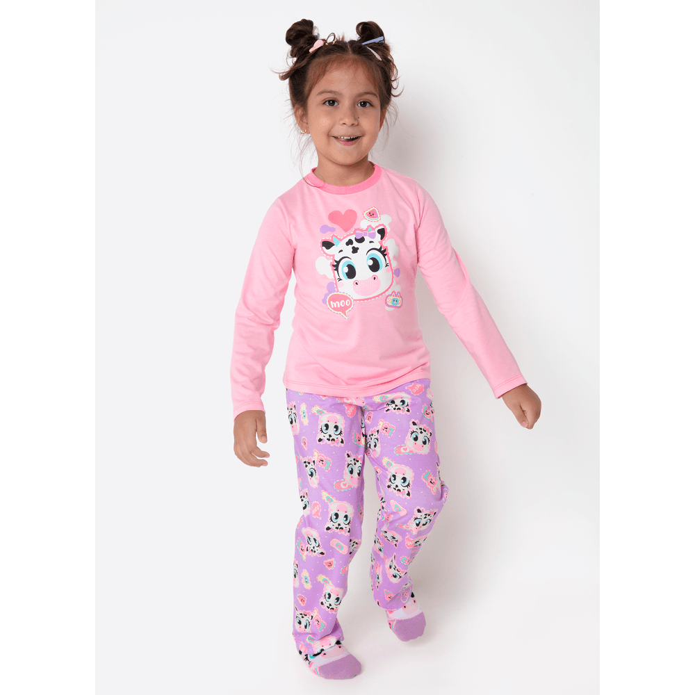 Pijama Manga Longa Algodão Menina Vaca Patches - 1