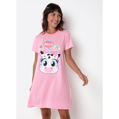 Camisola Manga Curta Algodão Feminina Vaca Patches