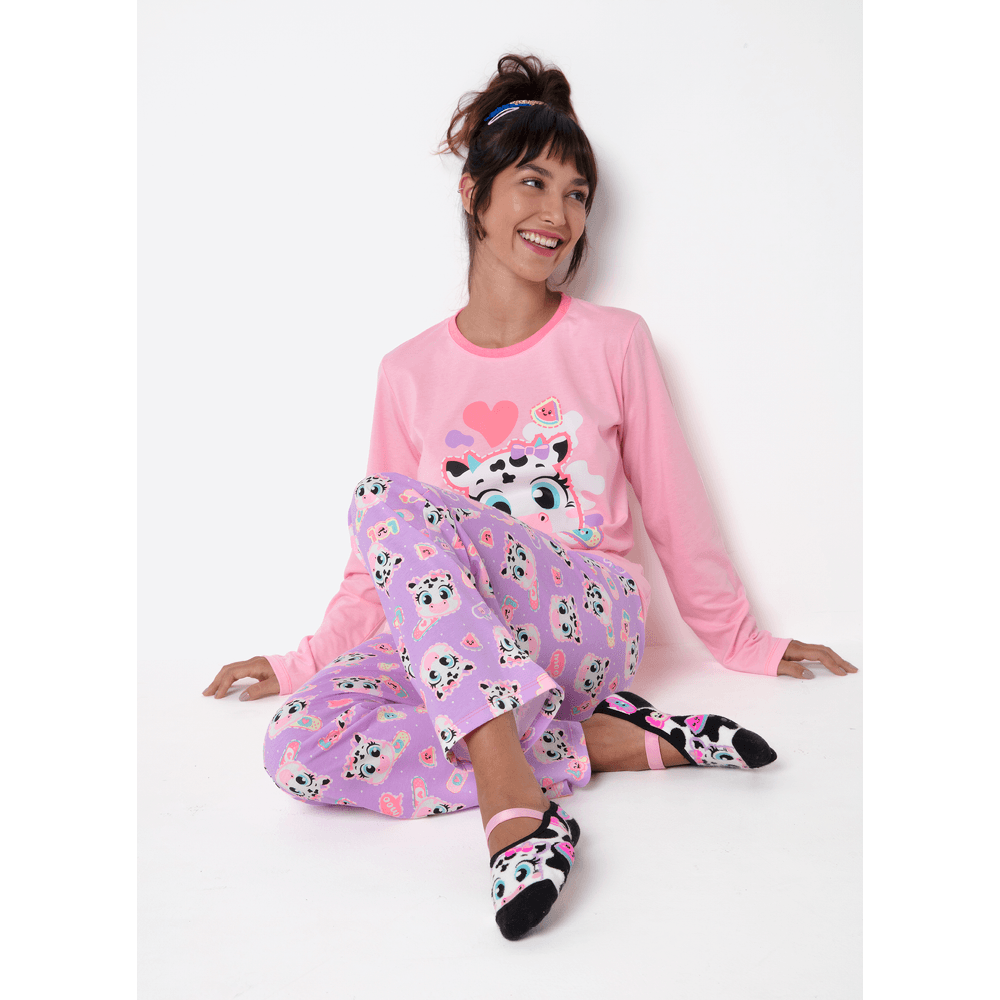 Pijama Manga Longa Algodão Feminino Vaca Patches - 3