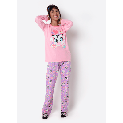 Pijama Manga Longa Algodão Feminino Vaca Patches