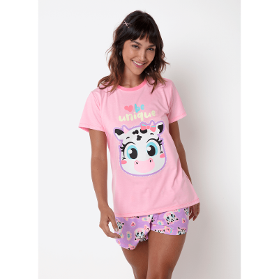 Pijama Manga Curta Feminino Vaca Patches