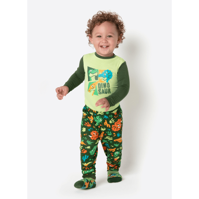 Body Pijama Manga Longa Viscolycra Bebê Menino Dino Trio