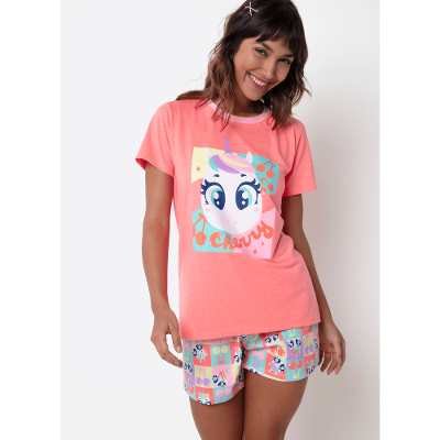 Pijama Manga Curta Algodão Feminino Unicórnio Cherry