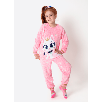 Pijama Manga Longa Soft Menina Gata Romântica