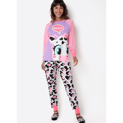 Pijama Manga Longa Viscolycra Feminino Vaca Patches