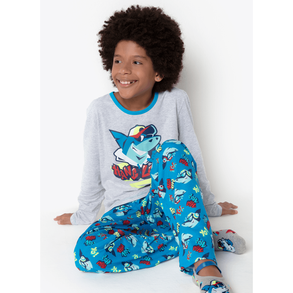 Pijama Manga Longa Algodão Menino Teen Tubarão Hip Hop - 1