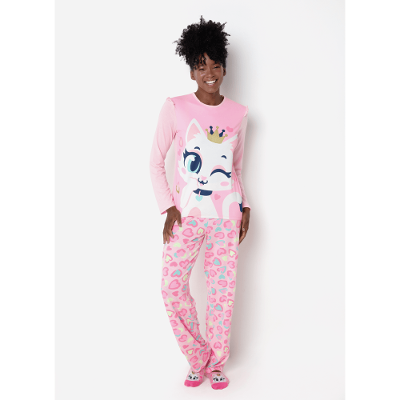 Pijama Manga Longa Viscolycra Feminino Gata Romântica