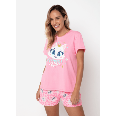 Pijama Manga Curta Feminino Gata Romântica