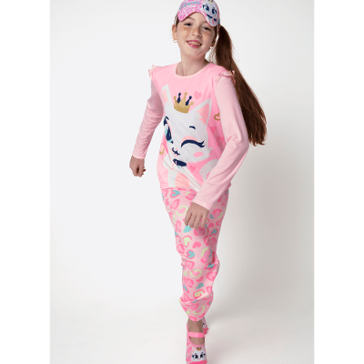 Pijama Manga Longa Viscolycra Menina Teen Gata Romântica