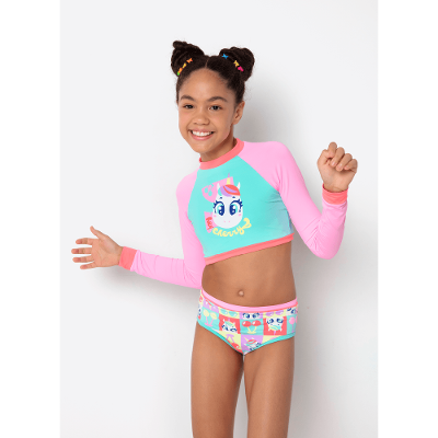 Conjunto Cropped e Calcinha Menina Teen Com Proteção Solar Unicórnio Cherry
