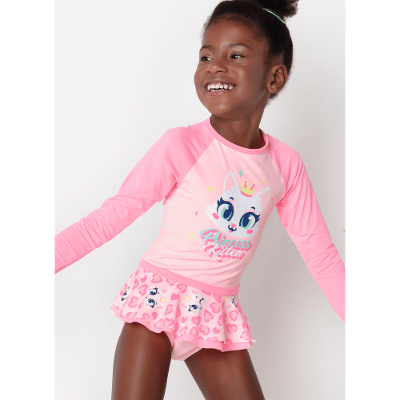 Maiô Manga Longa Menina Com Proteção Solar Gata Romântica