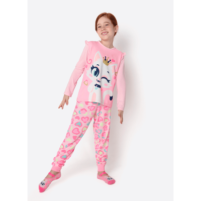 Pijama Manga Longa Viscolycra Menina Gata Romântica