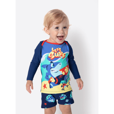 Camiseta Manga Longa com Proteção Solar Bebê Menino Tubarão Aloha