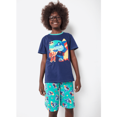 Pijama Manga Curta Algodão Menino Teen Tubarão Aloha