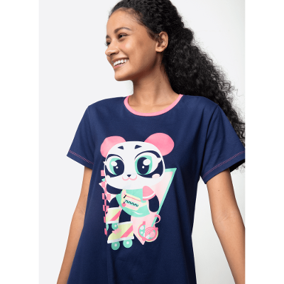 Camisola Manga Curta Algodão Feminina Panda Miami
