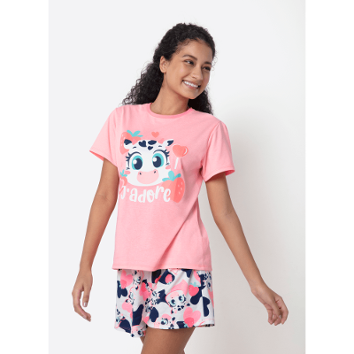Pijama Manga Curta Feminino Vaca Romântica