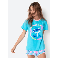 Pijama Manga Curta Algodão Feminino Stitch - 2