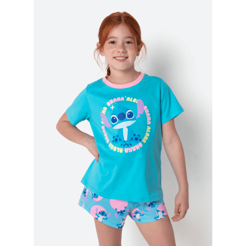 Pijama Manga Curta Algodão Menina Stitch - 1