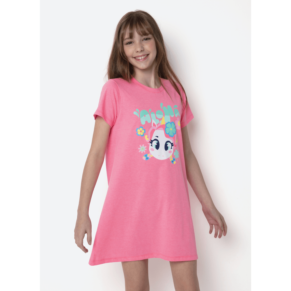 Camisola Manga Curta Algodão Menina Teen Unicórnio Aloha - 1