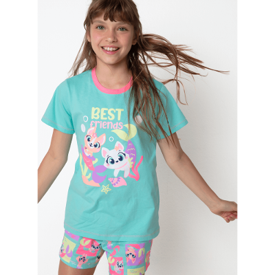 Pijama Manga Curta Algodão Menina Teen Pet Sereia