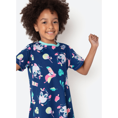 Camisola Manga Curta Algodão Menina Pinguim