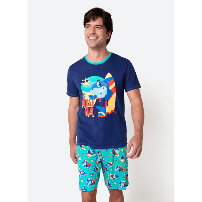 Pijama Manga Curta Algodão Masculino Tubarão Aloha