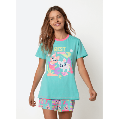 Pijama Manga Curta Algodão Feminino Pet Sereia