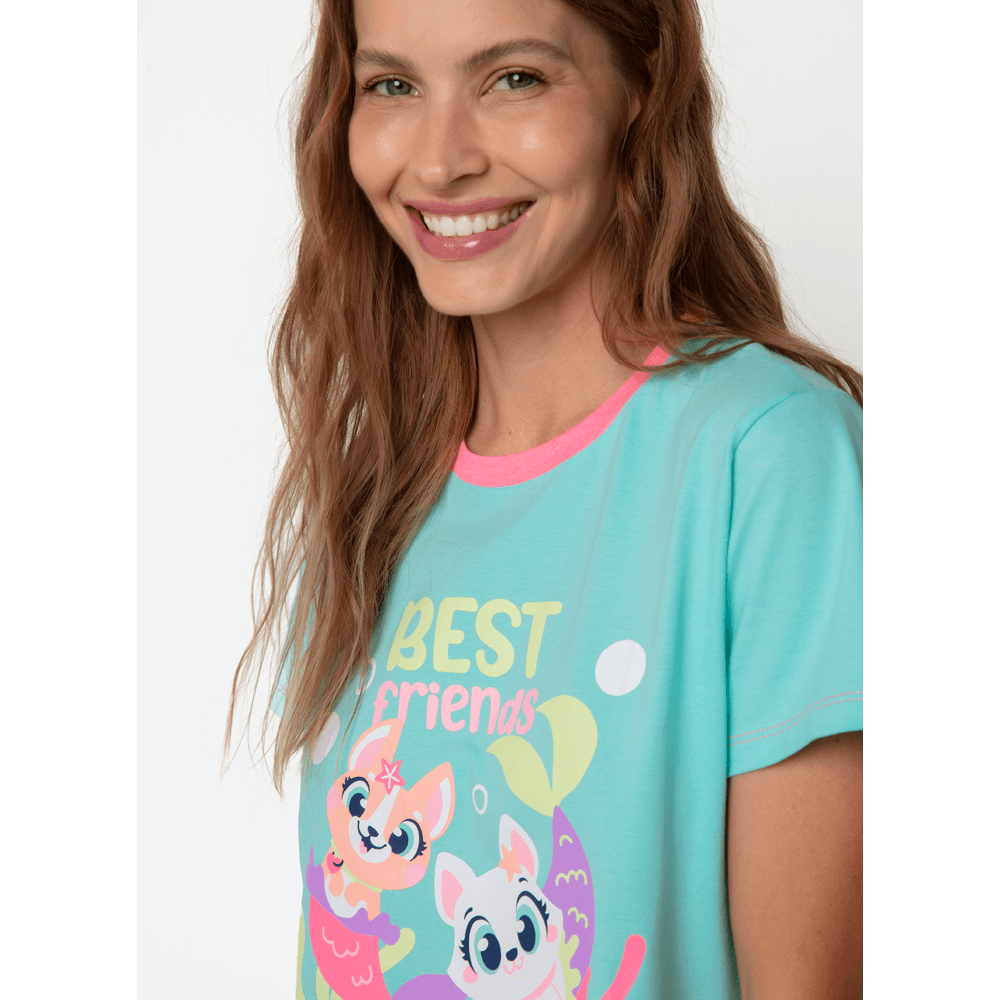 Pijama Manga Curta Algodão Feminino Pet Sereia - 2