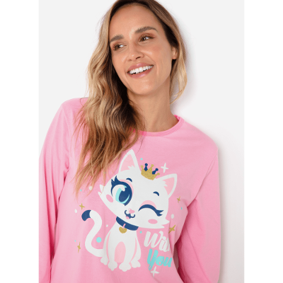 Pijama Manga Longa Feminino Gata Romântica