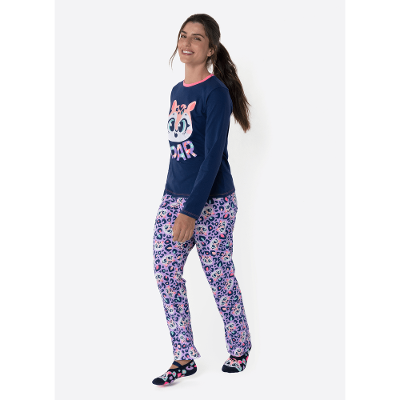Pijama Manga Longa Algodão Feminino Onça