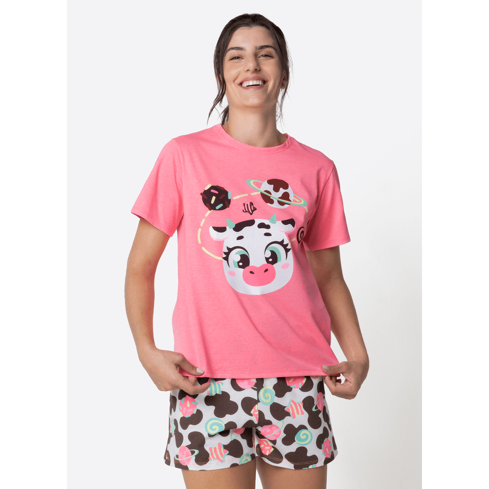 Pijama Manga Curta Algodão Feminino Vaca Chocolate - 1