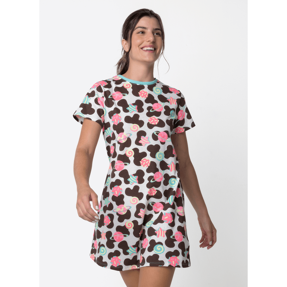 Camisola Manga Curta Algodão Feminino Vaca Chocolate - 1