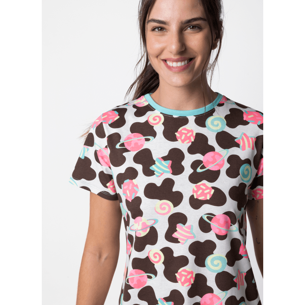 Camisola Manga Curta Algodão Feminino Vaca Chocolate - 2