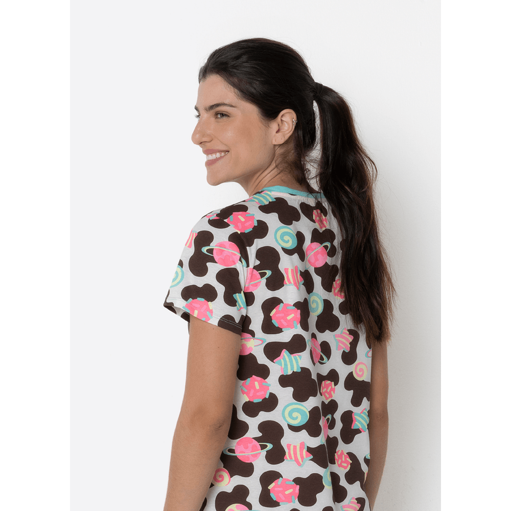 Camisola Manga Curta Algodão Feminino Vaca Chocolate - 4