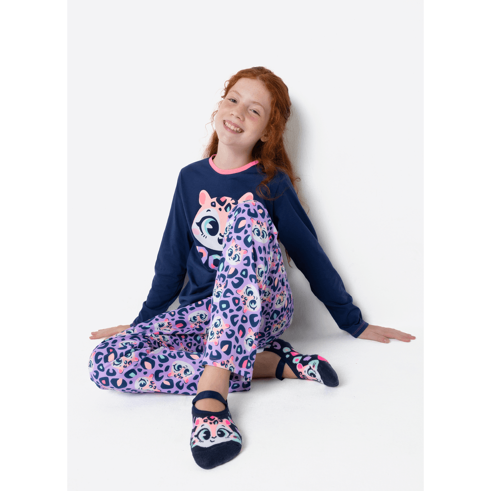 Pijama Manga Longa Algodão Menina Teen Onça - 1