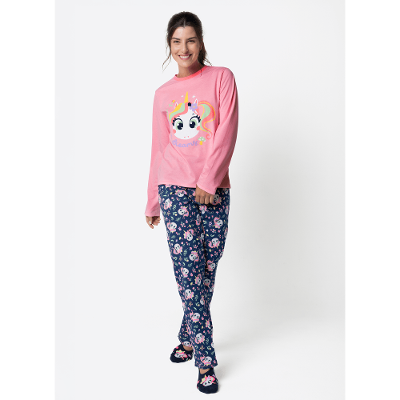 Pijama Manga Longa Algodão Feminino Unicórnio Encantado