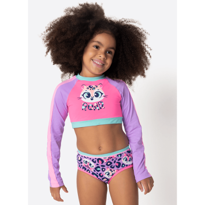 Conjunto Cropped e Calcinha Com Proteção Solar Menina Onça