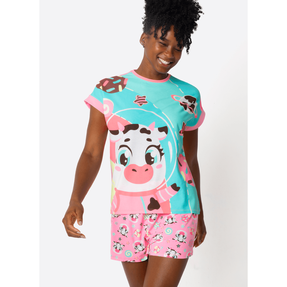Pijama Manga Curta Viscolycra Feminino Vaca Chocolate - 1