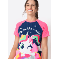 Pijama Manga Curta Feminino Estampado Unicórnio Encantado