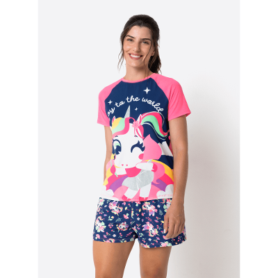 Pijama Manga Curta Feminino Unicórnio Encantado