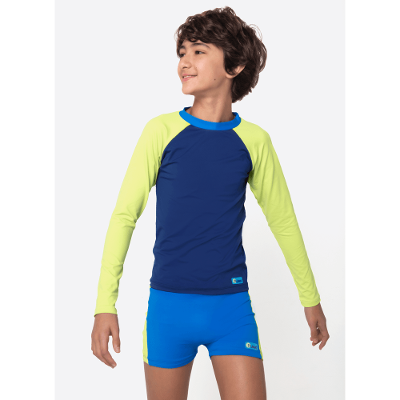 Camiseta Manga Longa com Proteção Solar Menino Teen Color Block Azul Marinho